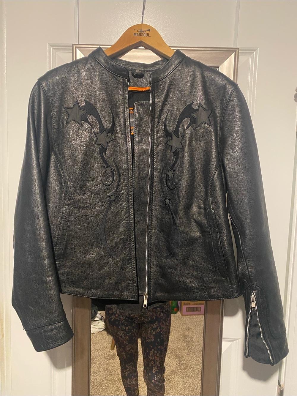 Womens Black Leather Bomber Jacket with Star Appliqué - Unbranded